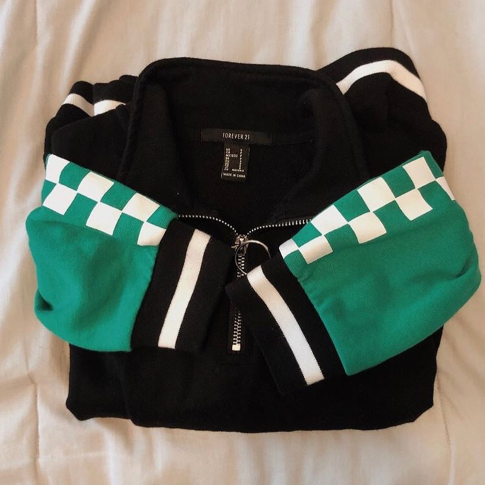 Green and Black Checkered Quarter Zip Jacket